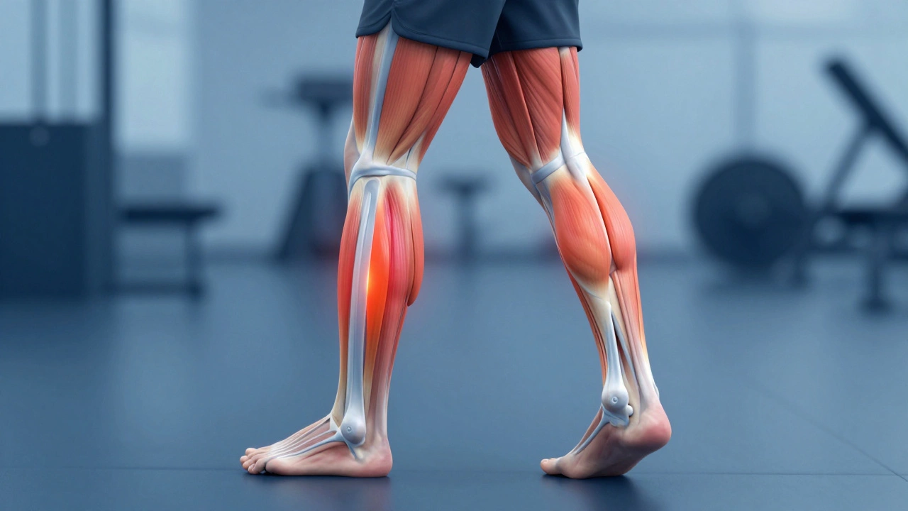 Anatomical illustration highlighting muscle strain from incline walking