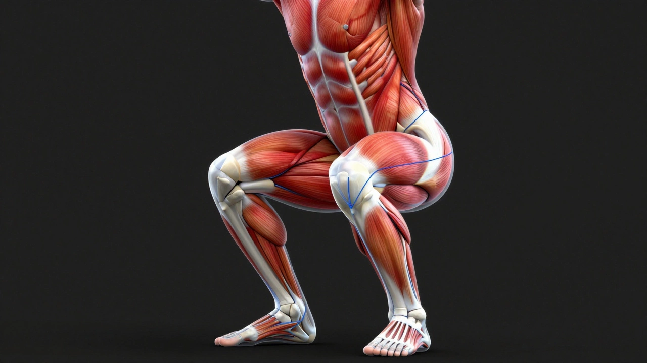 Anatomical illustration highlighting muscles engaged during a squat