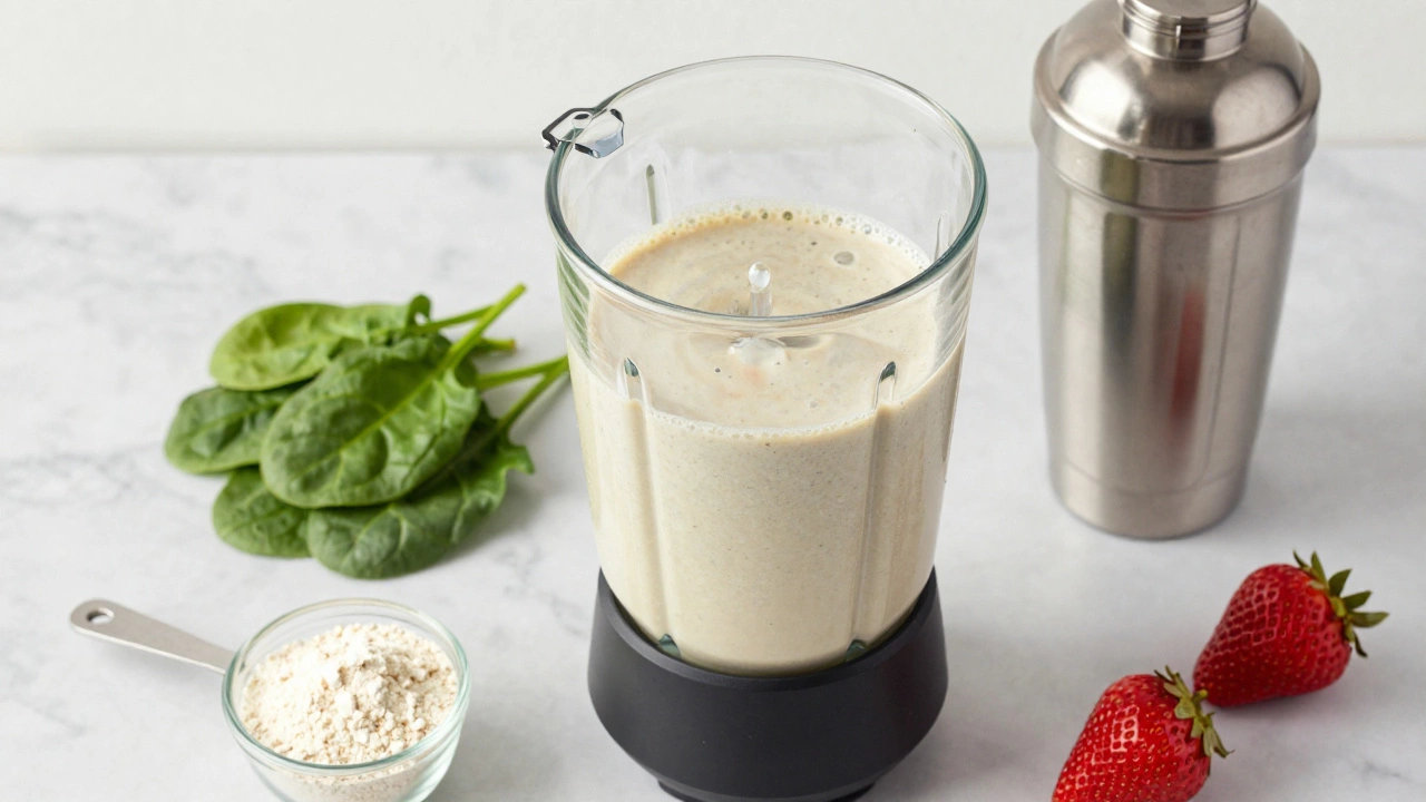 Blender with protein shake ingredients like spinach and strawberries