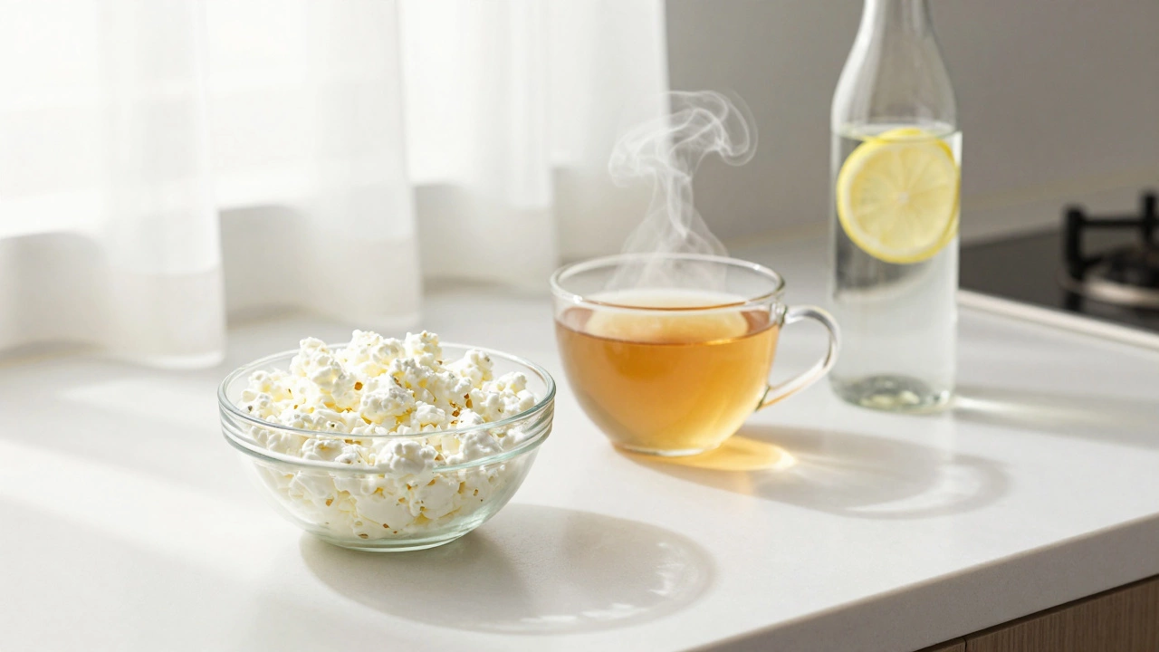 Bowl of cottage cheese, chamomile tea, and water on a bright kitchen counter