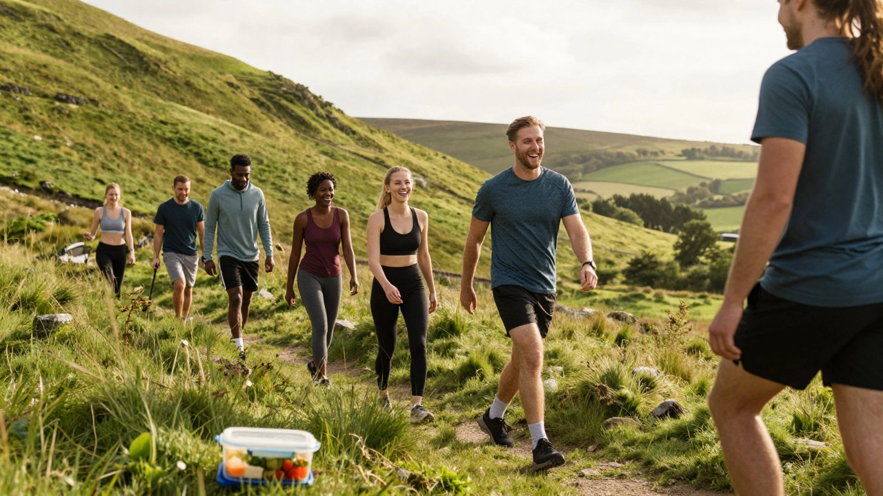 Friends hiking in nature with healthy food, promoting stress relief