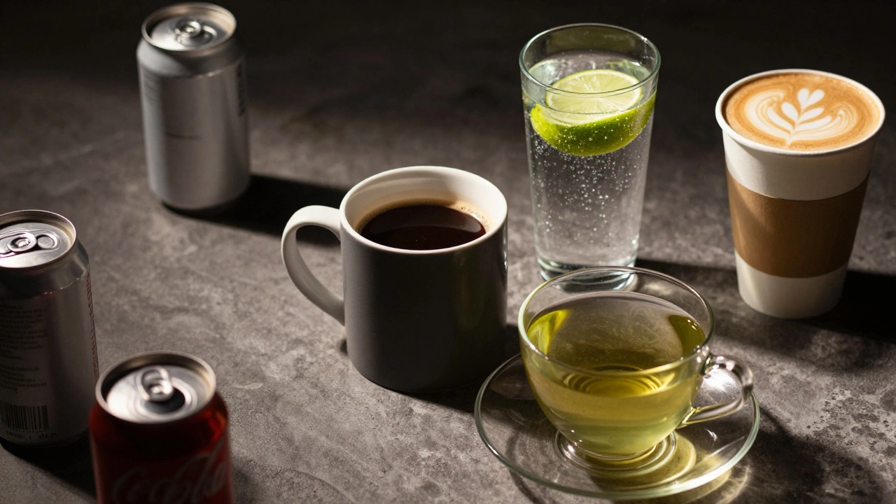 Healthy drinks like coffee and green tea contrasted with sugary sodas