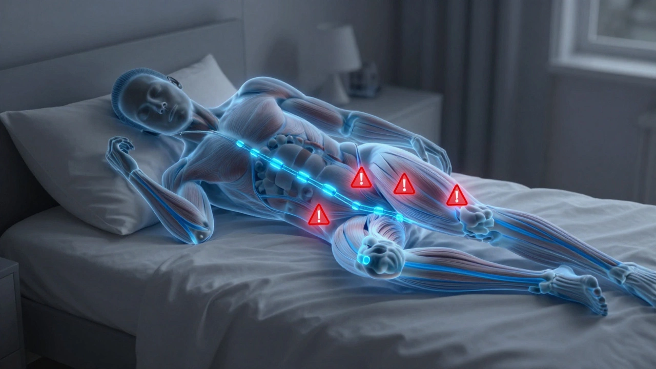Illustration of amino acids repairing muscles in a sleeping person's body at night