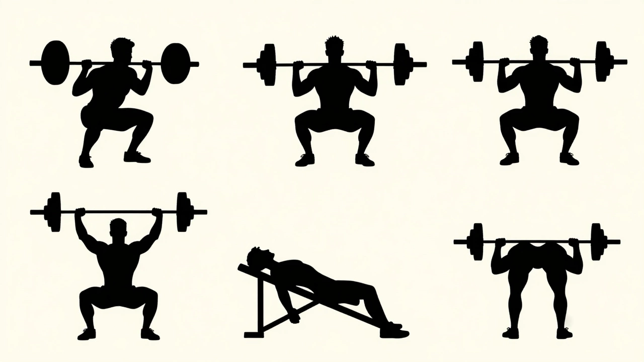 Illustration of five core compound lifts: squat, deadlift, bench, press, row