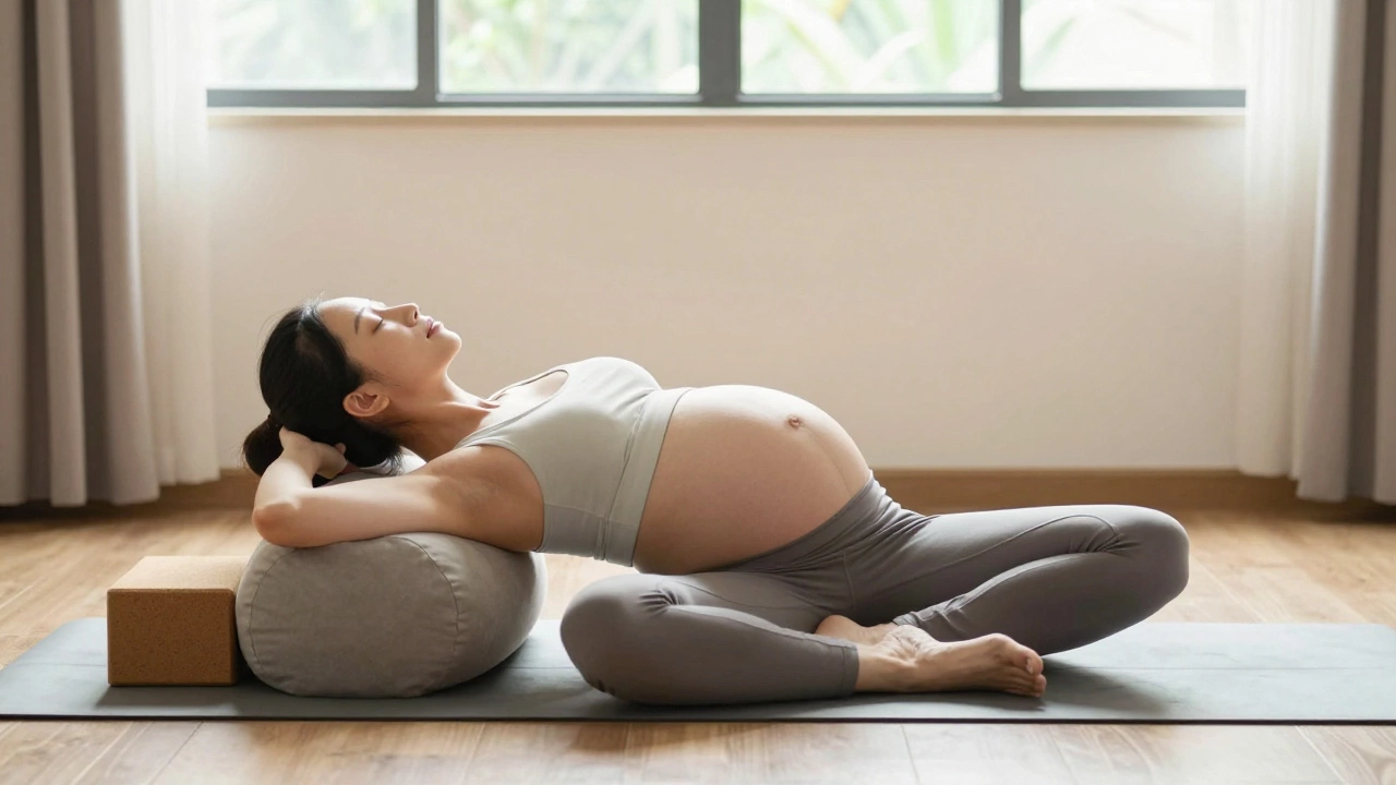 Pregnant woman doing safe modified yoga with props