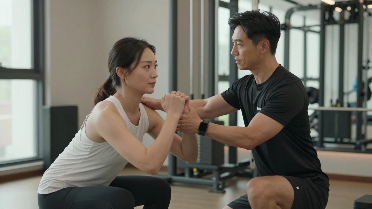 Professional trainer correcting client's squat form safely