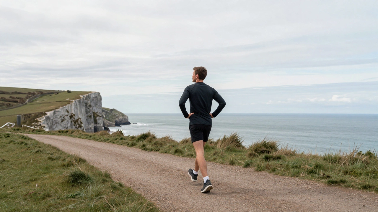 Runner taking a rest break on a scenic coastal path in the UK