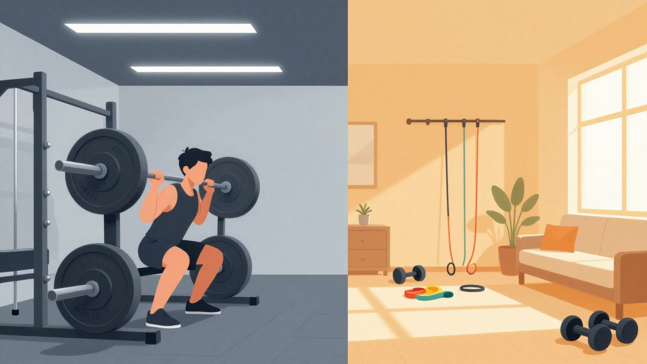 Split image comparing high-friction gym vs low-friction home workout