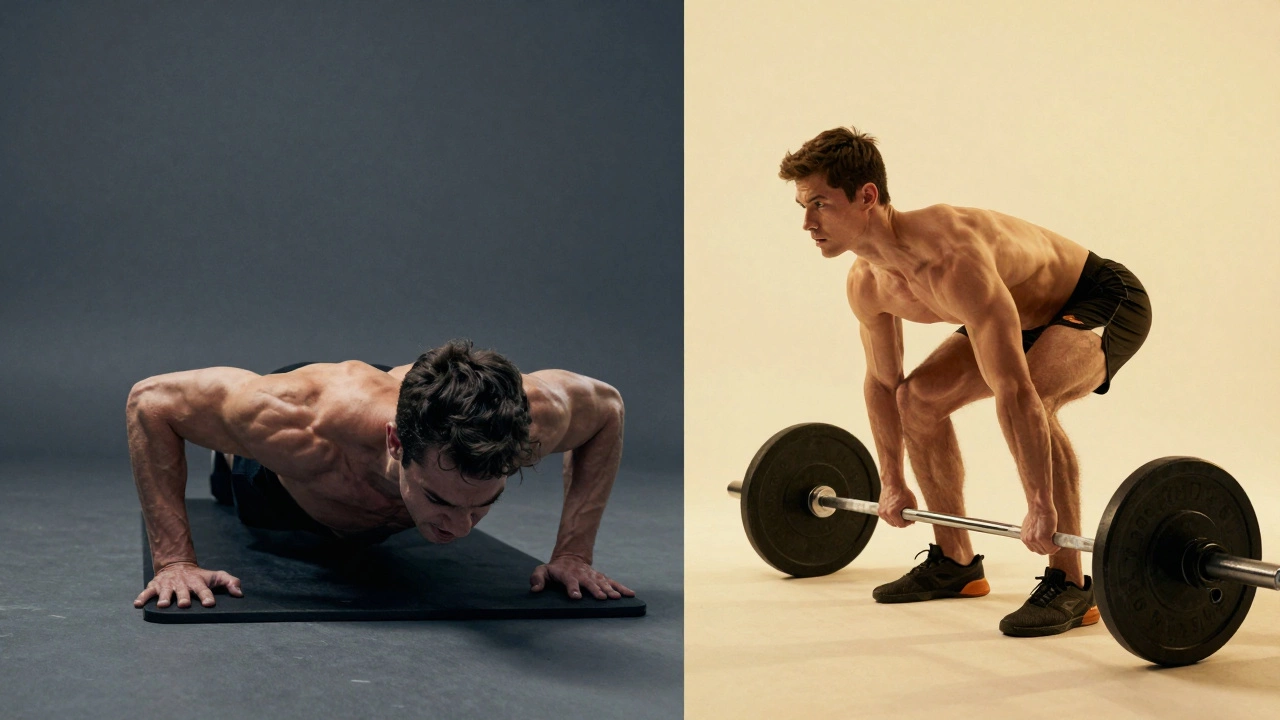 Split image contrasting ineffective crunches with powerful deadlifts