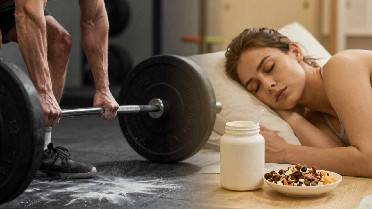 Split image showing heavy lifting effort on one side and rest/recovery on the other