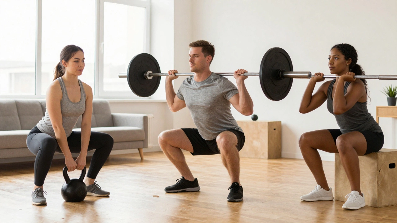 Three people demonstrating goblet, front, and box squat variations
