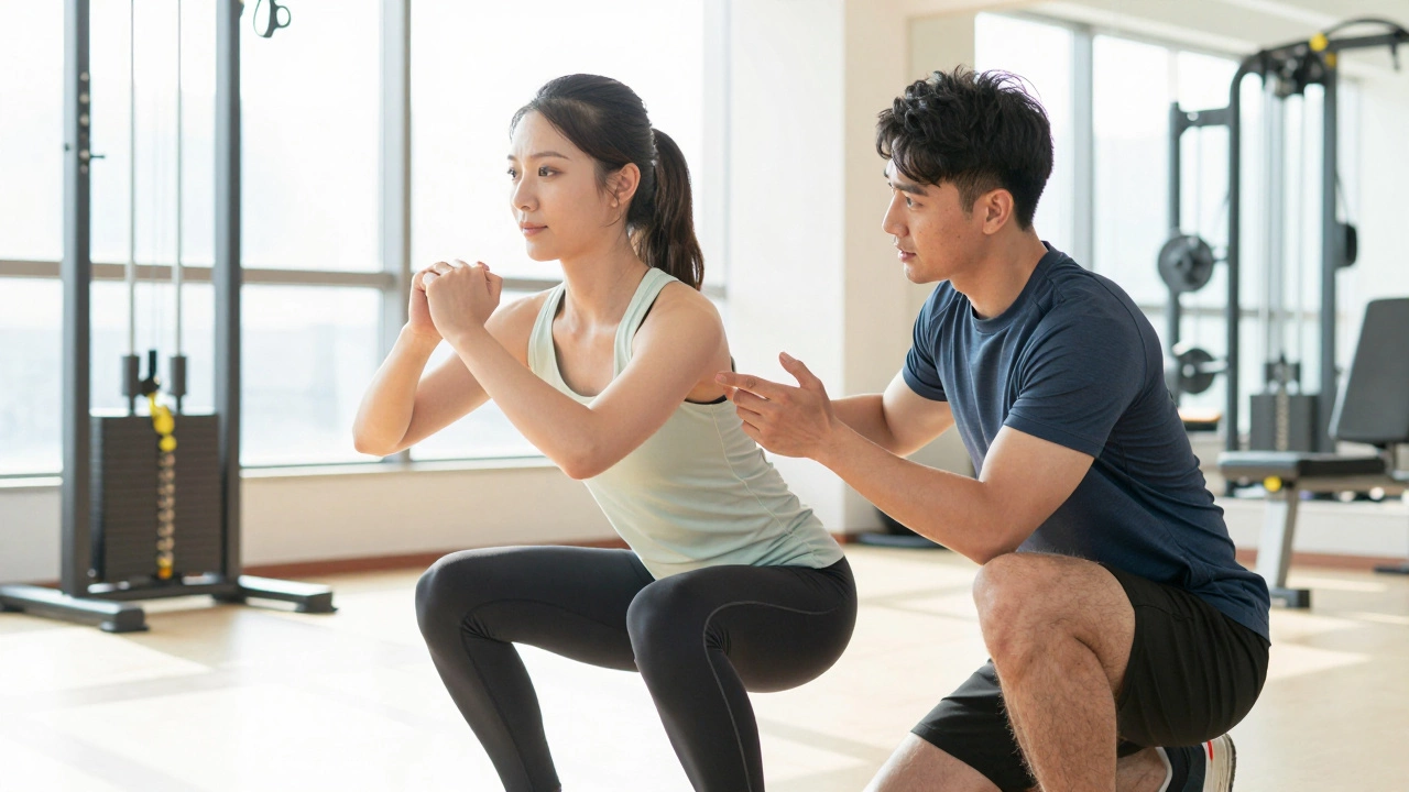 Trainer correcting client's squat form in gym