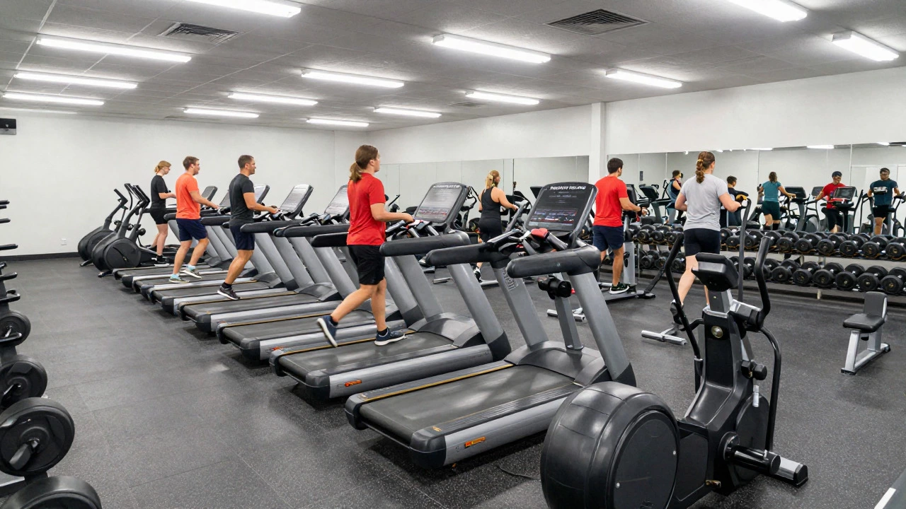 Busy interior of a gym with rows of cardio machines and light weights