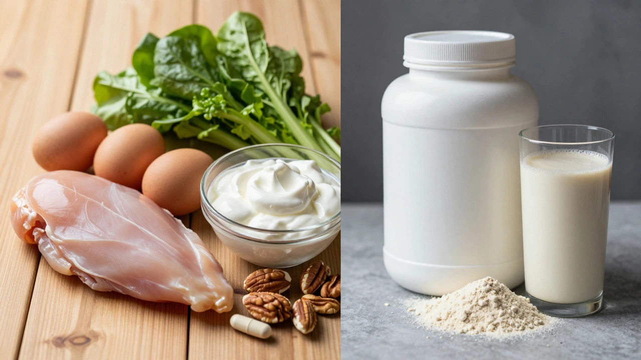 Fresh whole foods contrasted with a protein powder tub