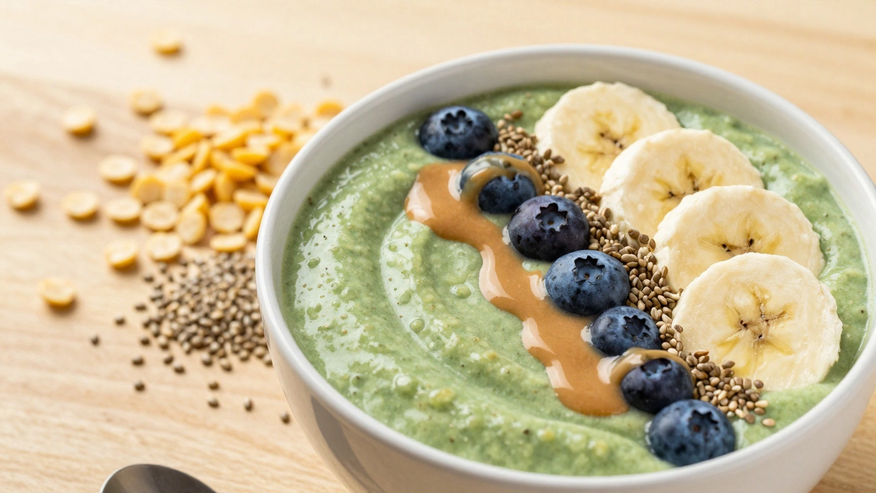 Green smoothie bowl topped with fruit and hemp seeds on wood