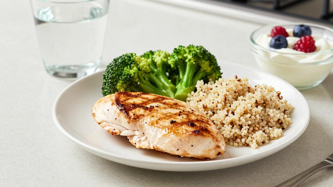 Healthy meal with chicken, quinoa, and vegetables on a table