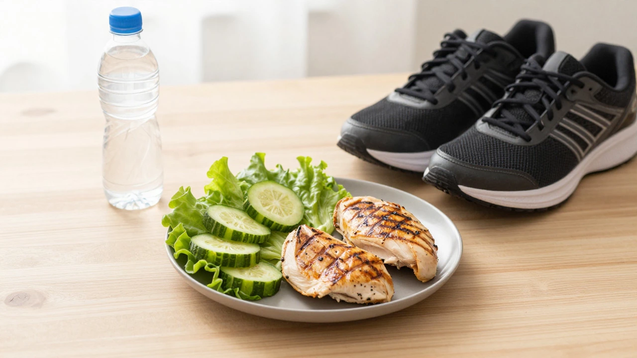 Healthy meal with protein next to running shoes and water
