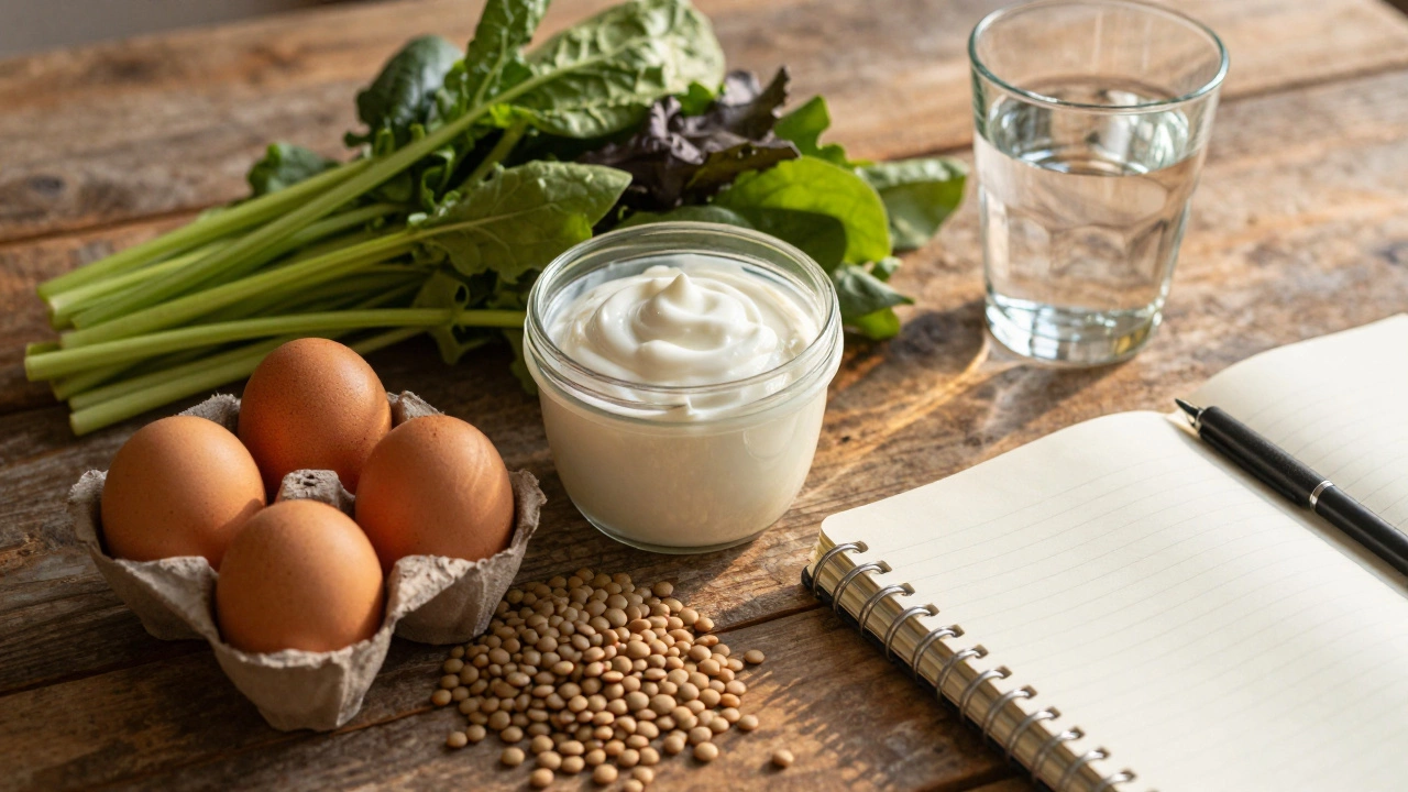 Healthy protein-rich foods and water on a wooden table