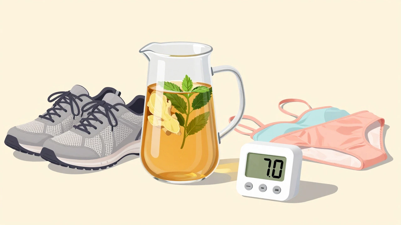 Herbal tea, timer, and swimsuit symbolizing a 3-day body reset.