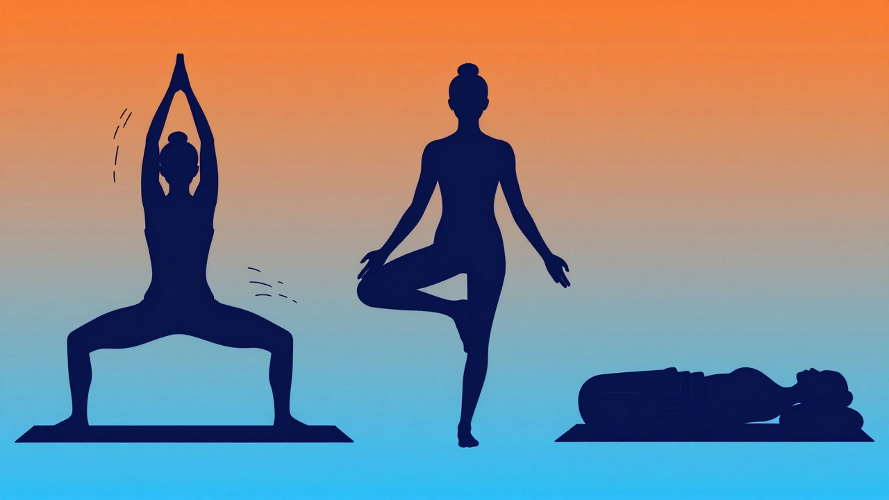 Illustration comparing dynamic, balanced, and restorative yoga poses