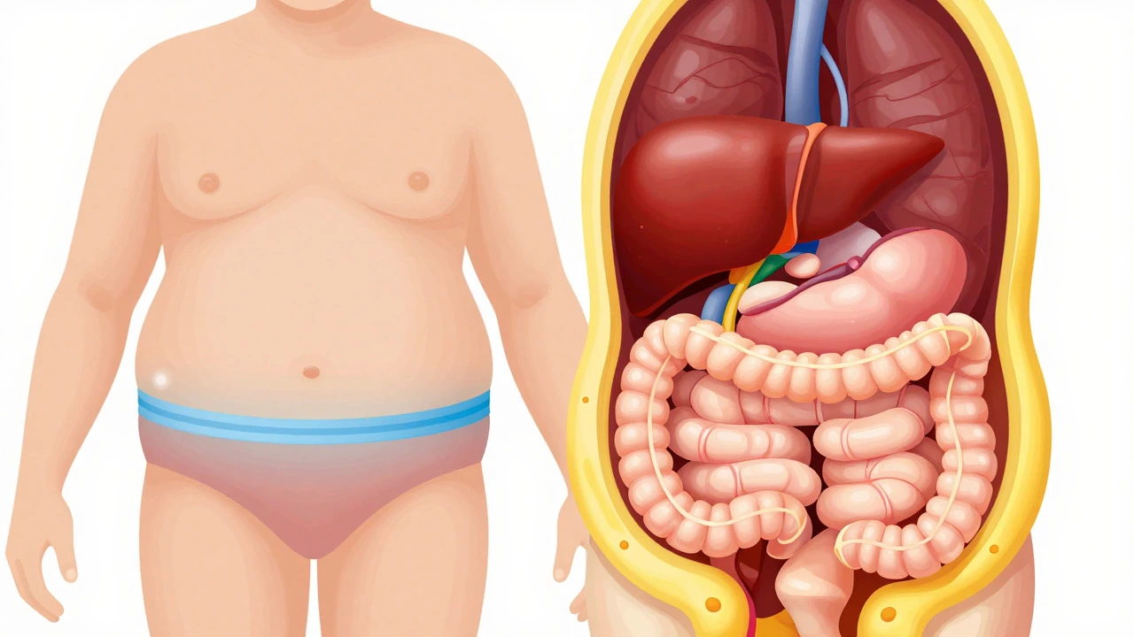 Illustration contrasting subcutaneous fat under skin with visceral fat surrounding internal organs.