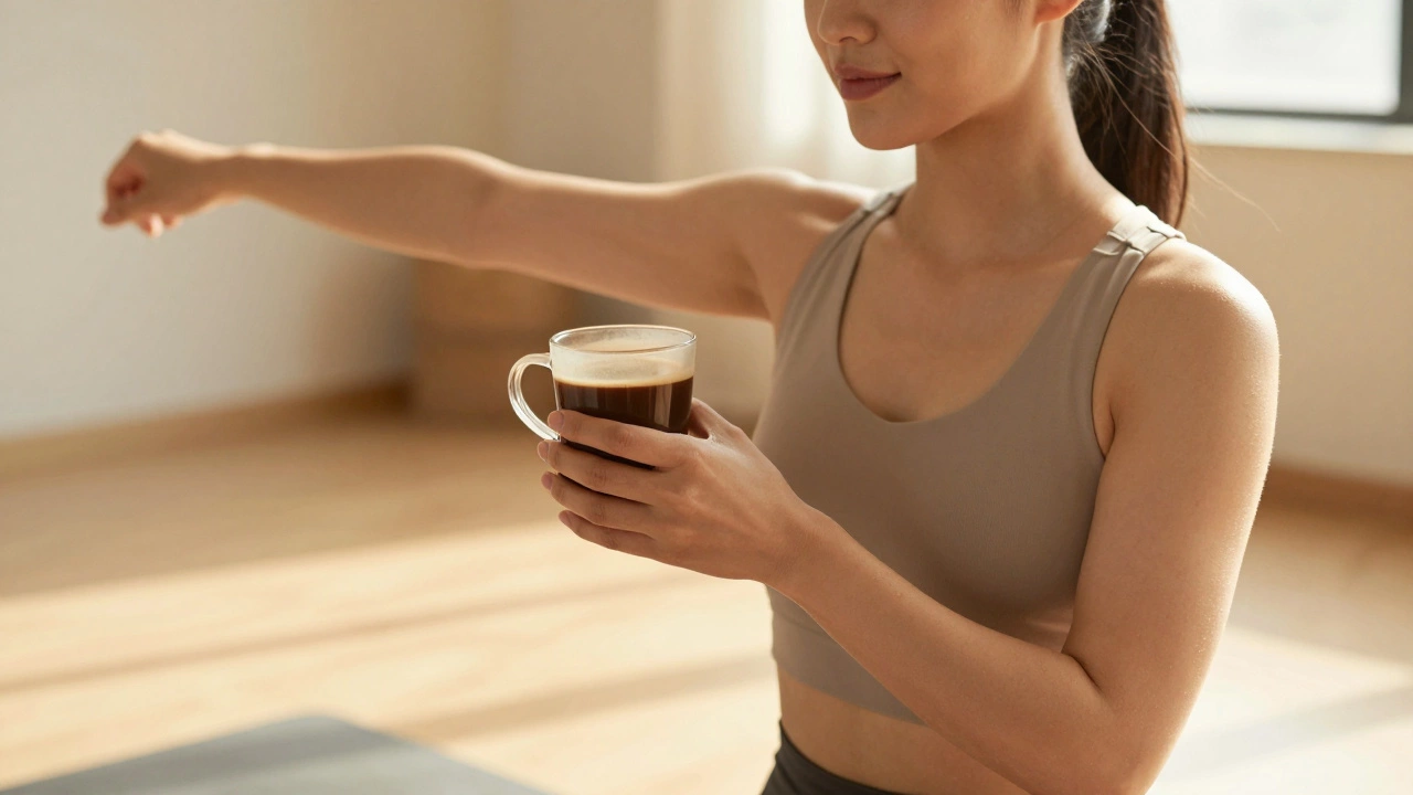 Person stretching in a sunlit yoga studio holding a warm mug