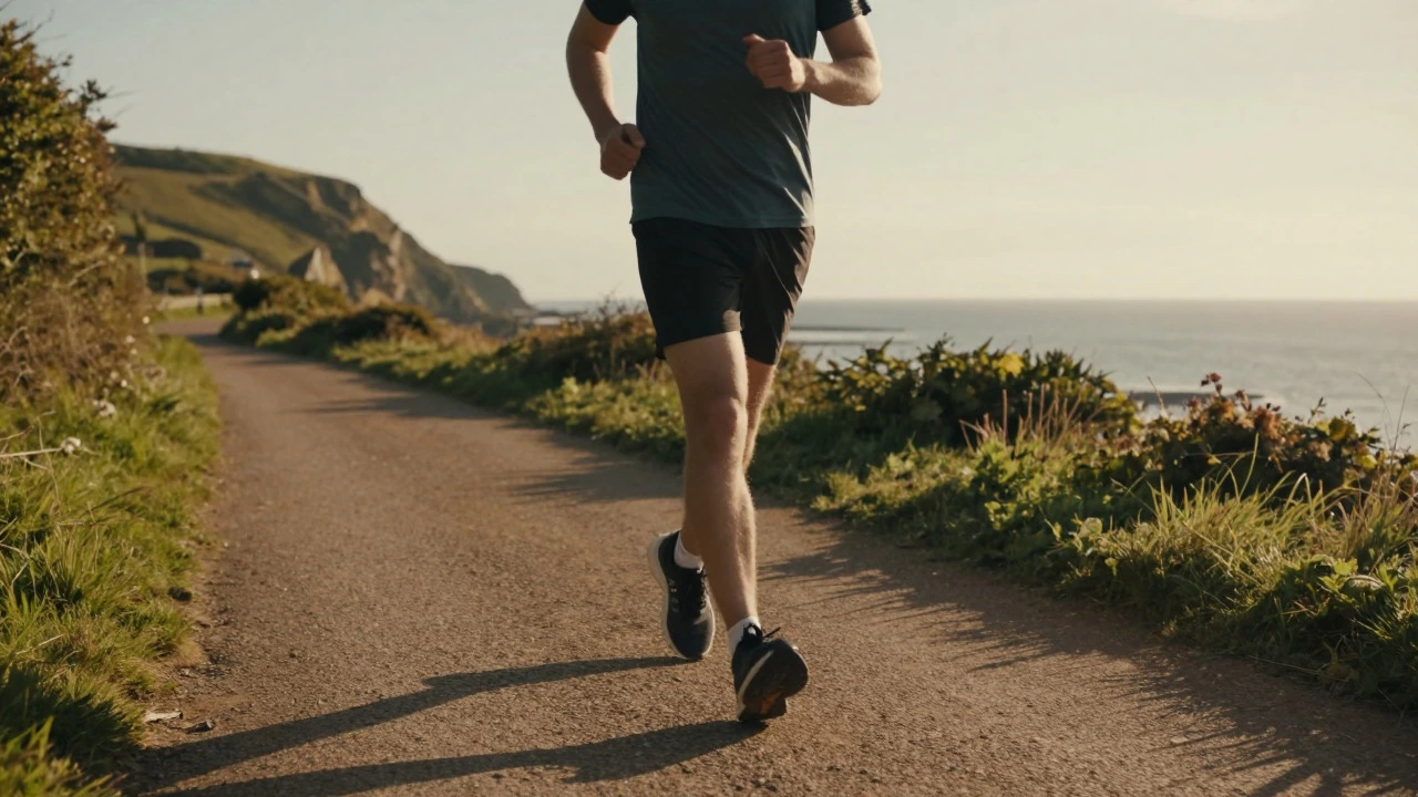 Person walking briskly on scenic UK coastal path at sunset