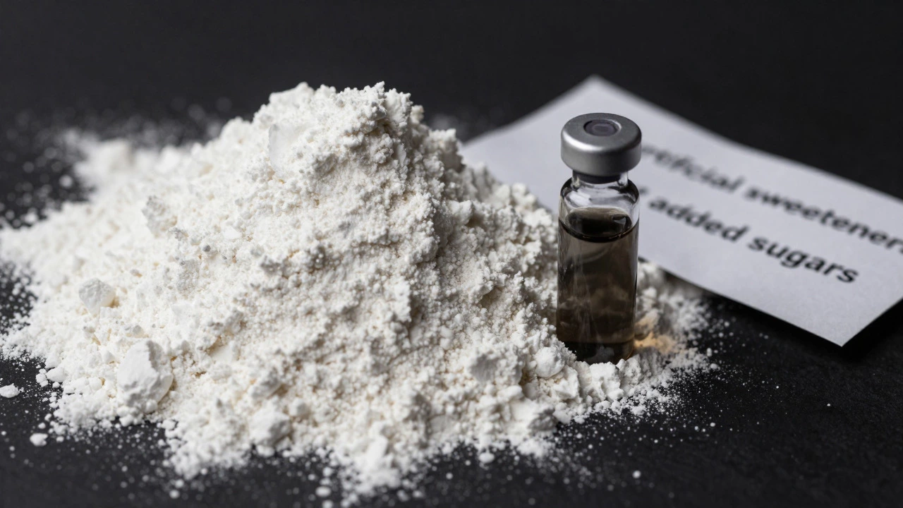 Protein powder next to symbols of hidden contaminants