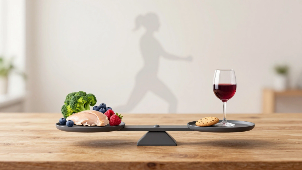 Scale balancing healthy food against a cookie and wine to show calories
