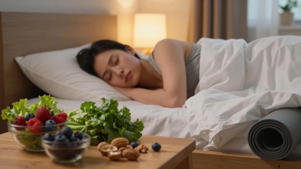 Serene bedroom scene with sleeping person and healthy food, highlighting sleep and diet for fat loss.