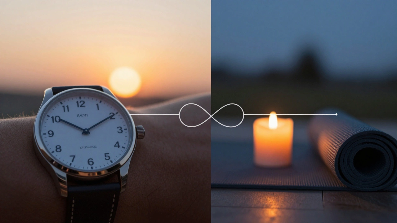 Split scene showing morning routine and evening relaxation for consistency