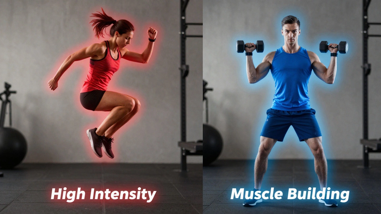Split view contrasting cardio HIIT intensity with strength training benefits