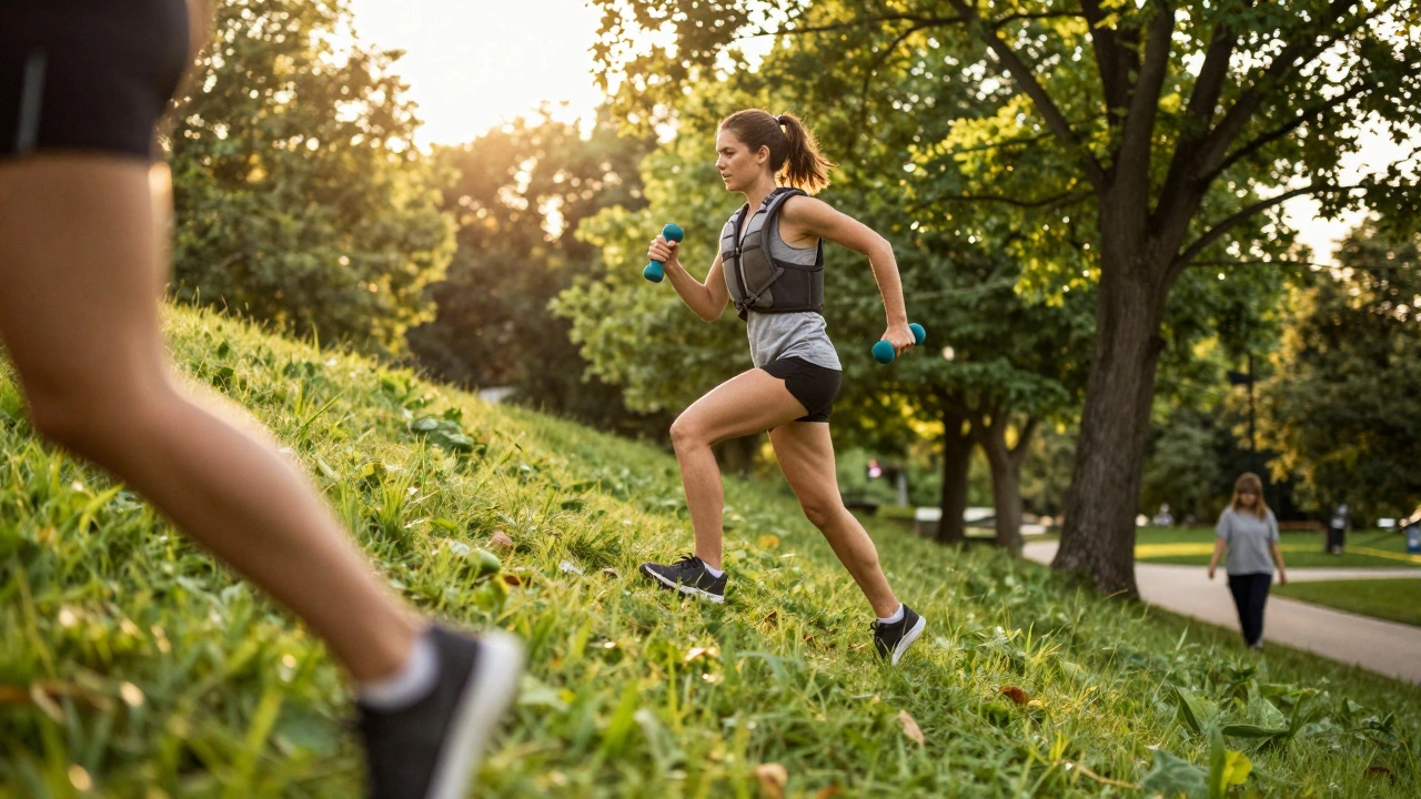 Woman power walking uphill with weights in a sunny park