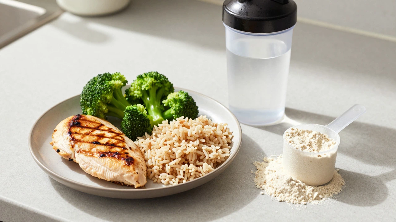 A plate of grilled chicken and veggies next to a shaker bottle and protein powder