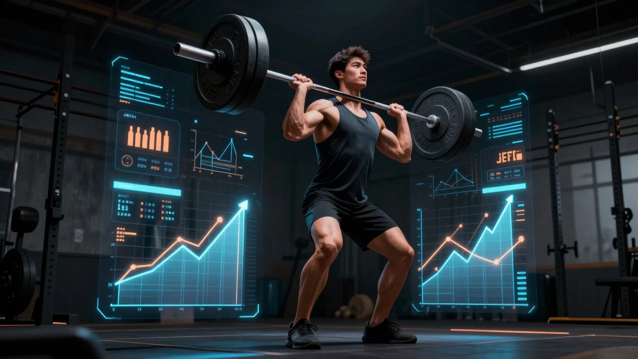 Athlete lifting weights surrounded by abstract glowing data visualizations
