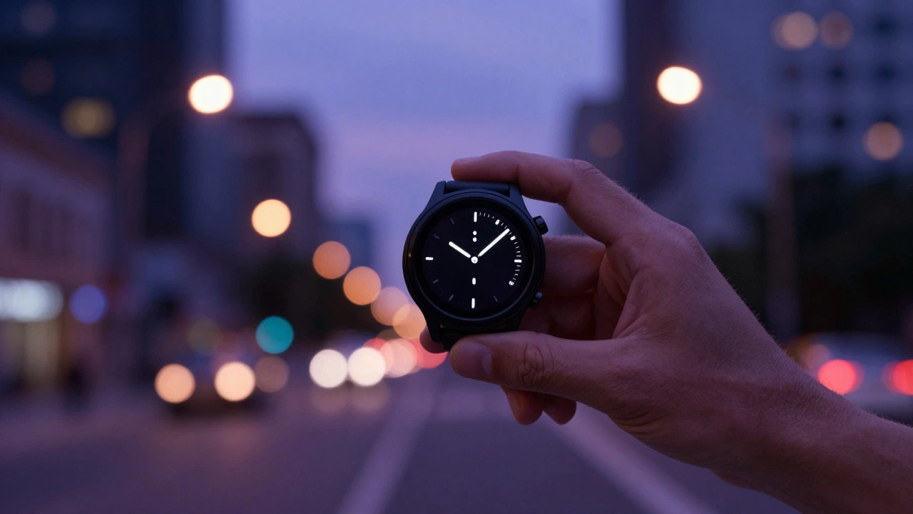 Close-up of a smartwatch timer used for interval training against a city background