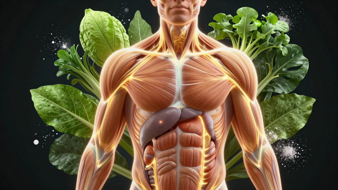 Conceptual art showing a glowing human torso with green leaves and powder particles
