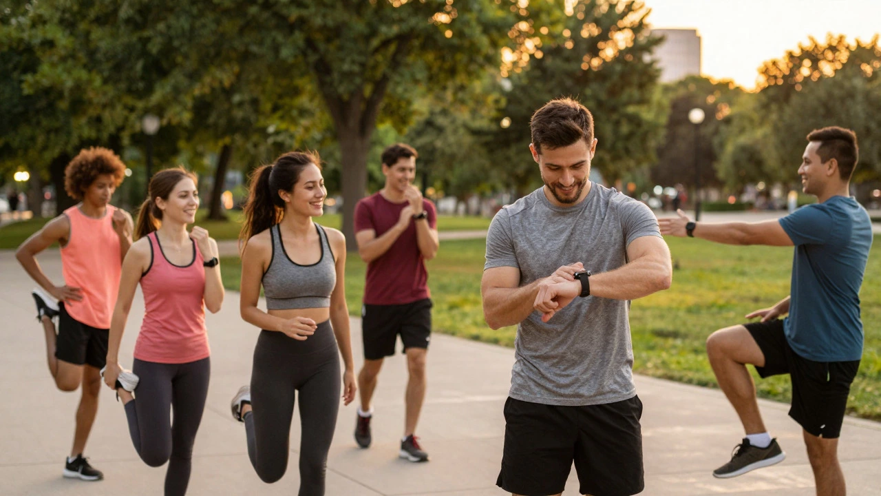 Group of friends exercising together in a park during sunset