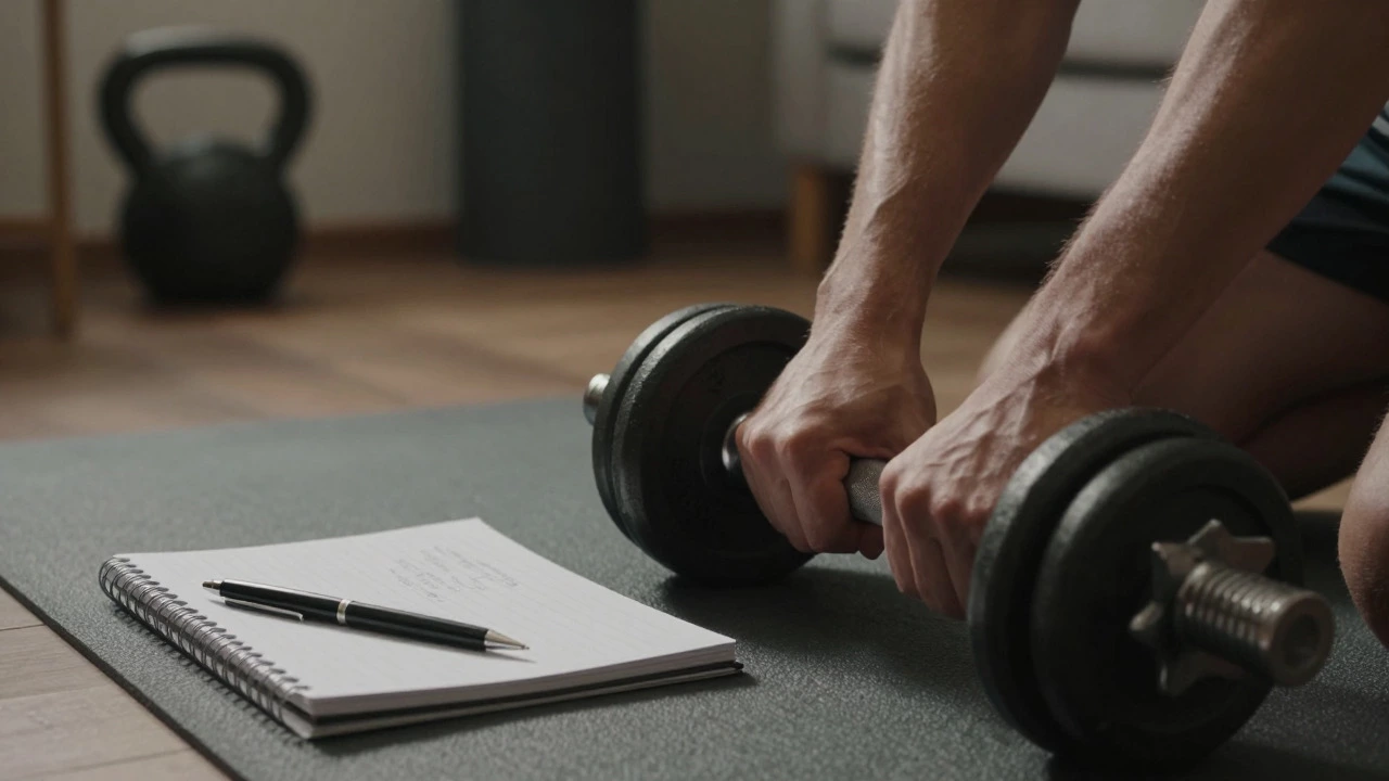 Hands adjusting dumbbells next to a workout log notebook at home