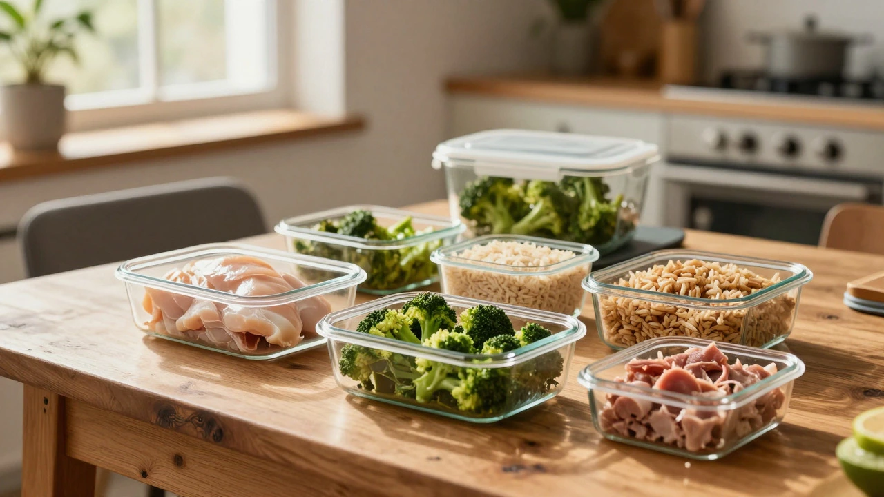 Healthy meal prep ingredients on wooden table