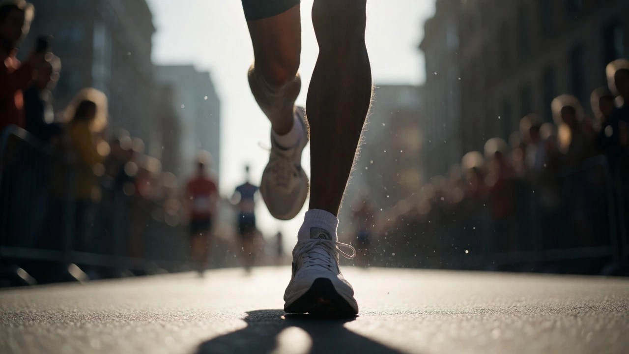 Marathon runner's feet pushing hard during final race miles