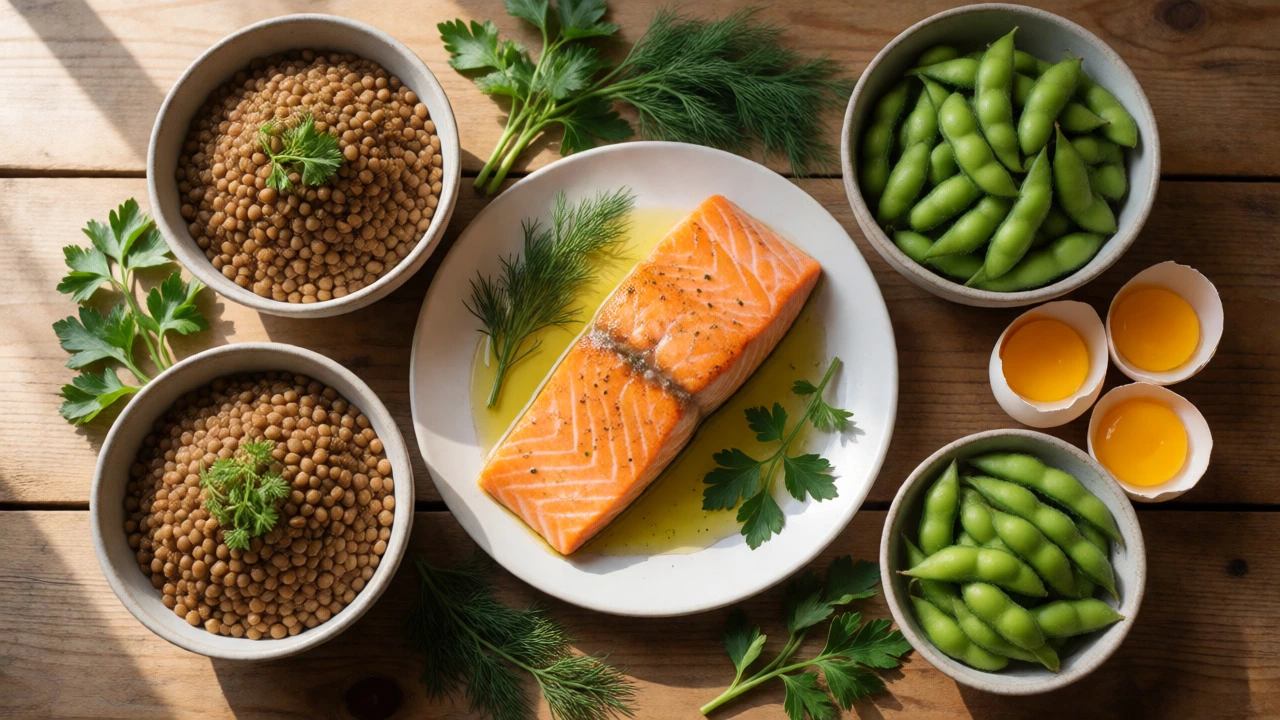 Overhead view of salmon, lentils, edamame, and eggs on a table