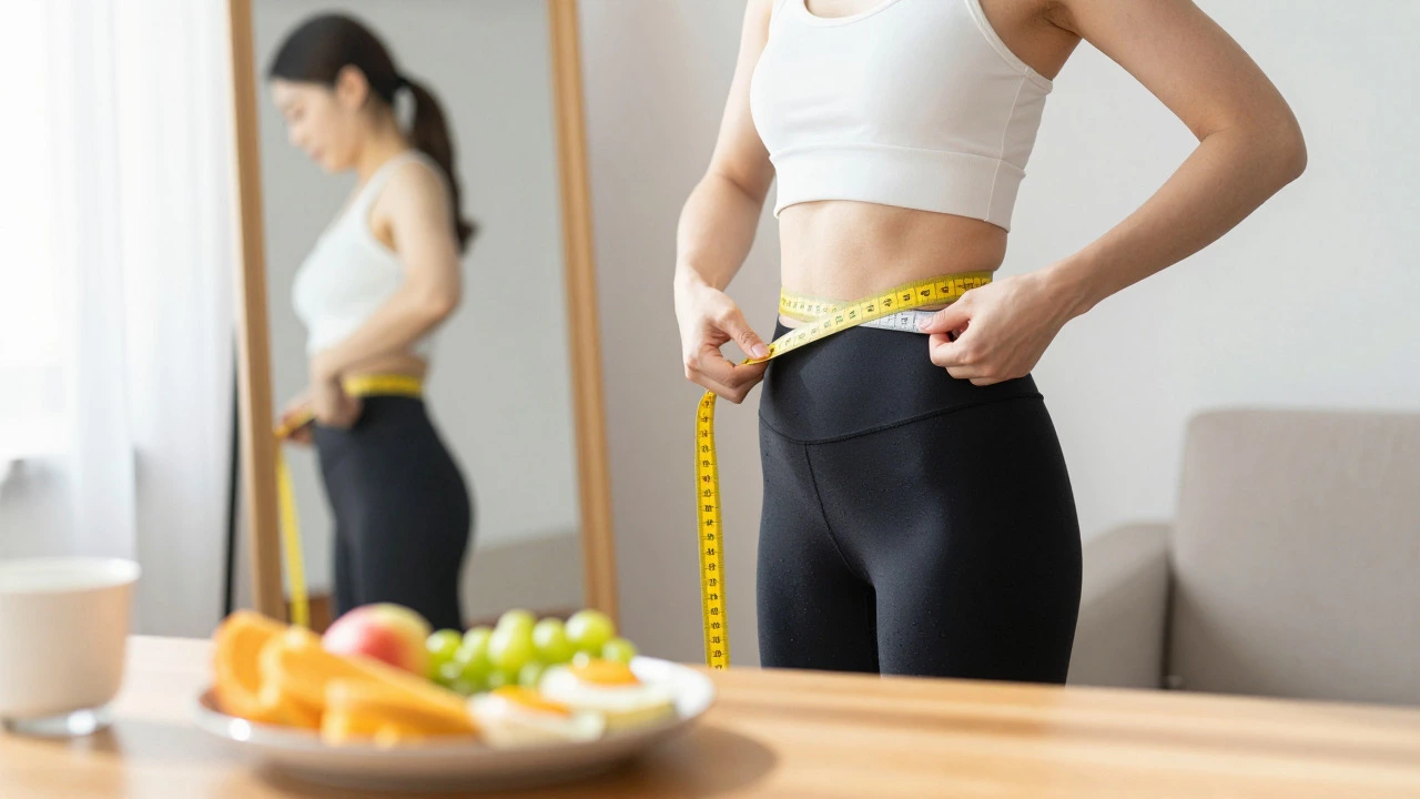 Person measuring waist with tape measure in bright kitchen