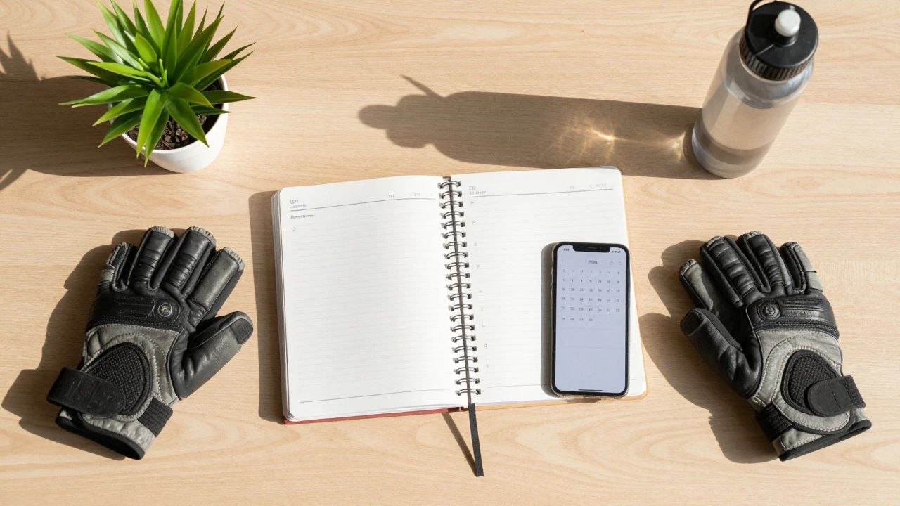 Planner and fitness gear on a desk symbolizing workout scheduling.