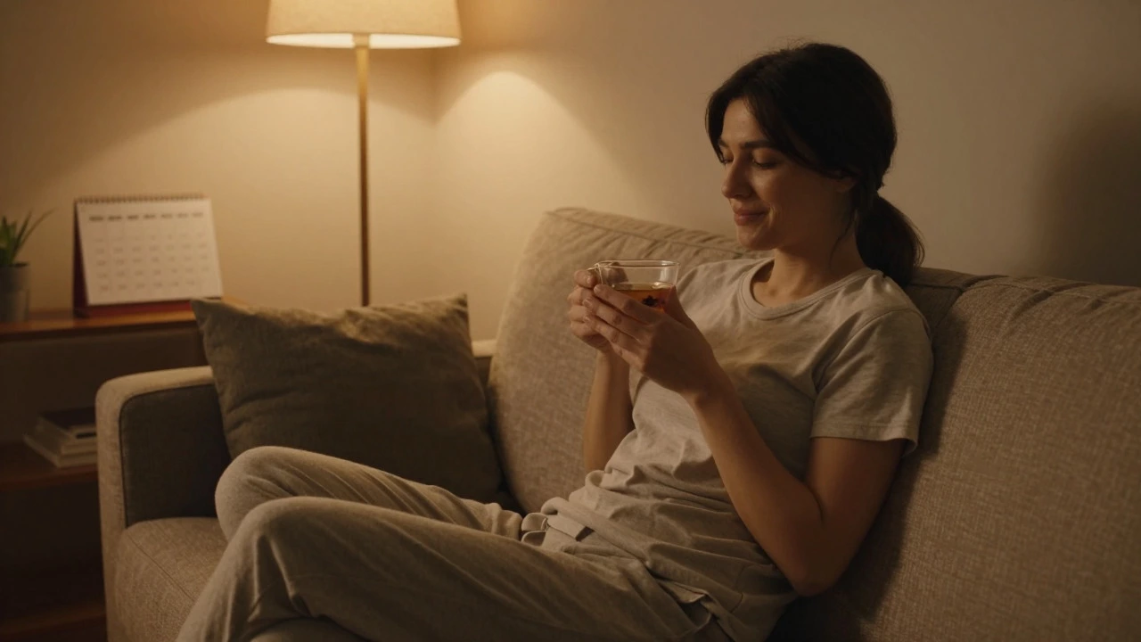 Relaxed person sitting on a sofa in the evening enjoying a moment of calm