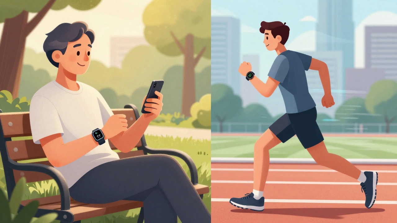 Split view of an older adult using a basic tracker and a young athlete running with a smartwatch