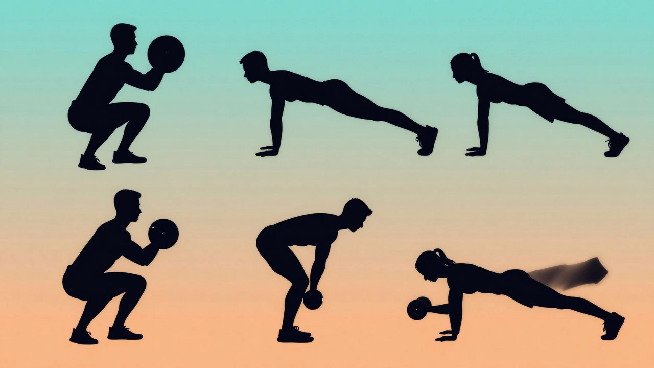 Stylized figures demonstrating five key resistance training movements