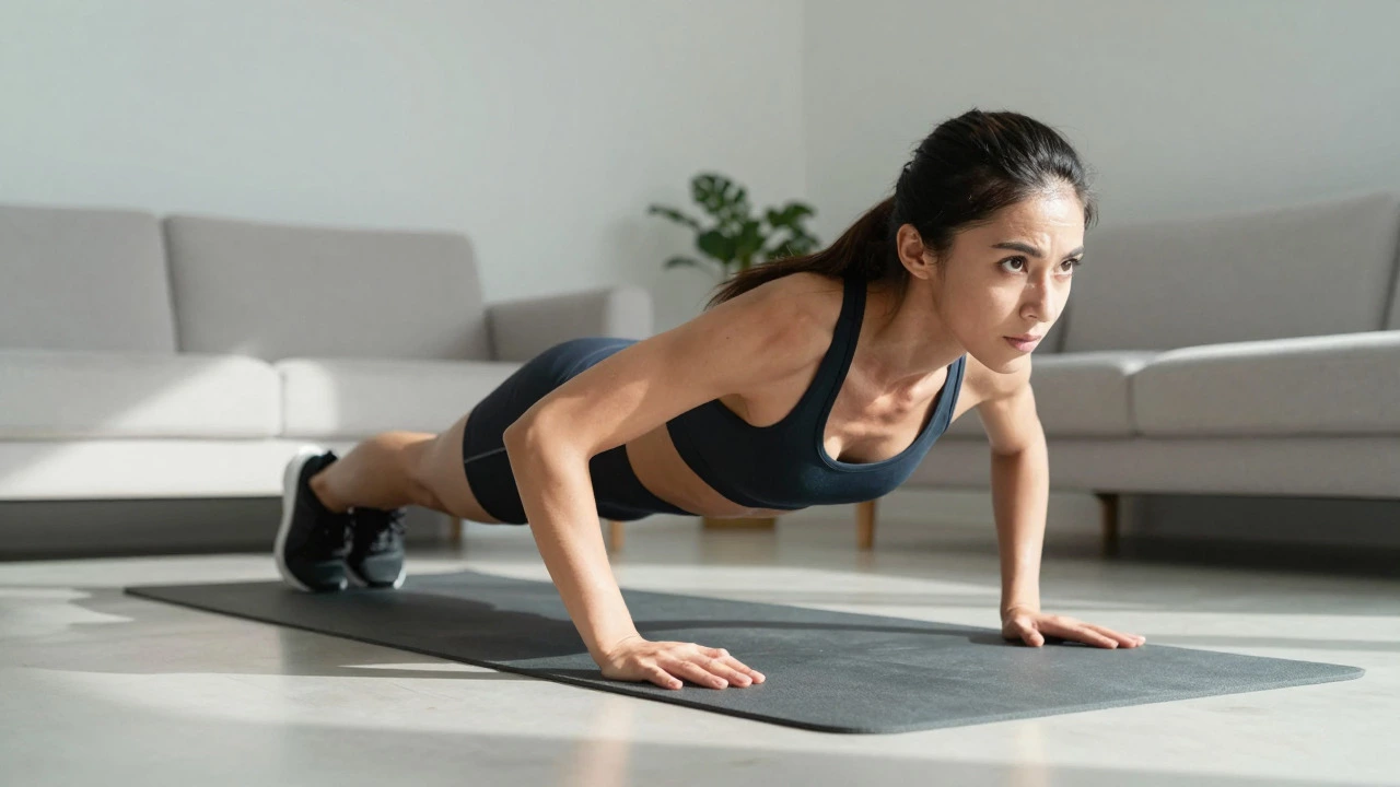 Woman performing high-intensity home workout exercises in a living room