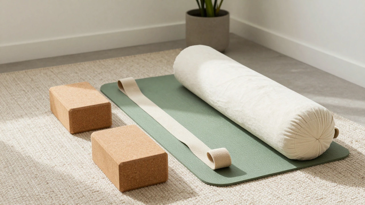 Yoga blocks and props arranged neatly on rug