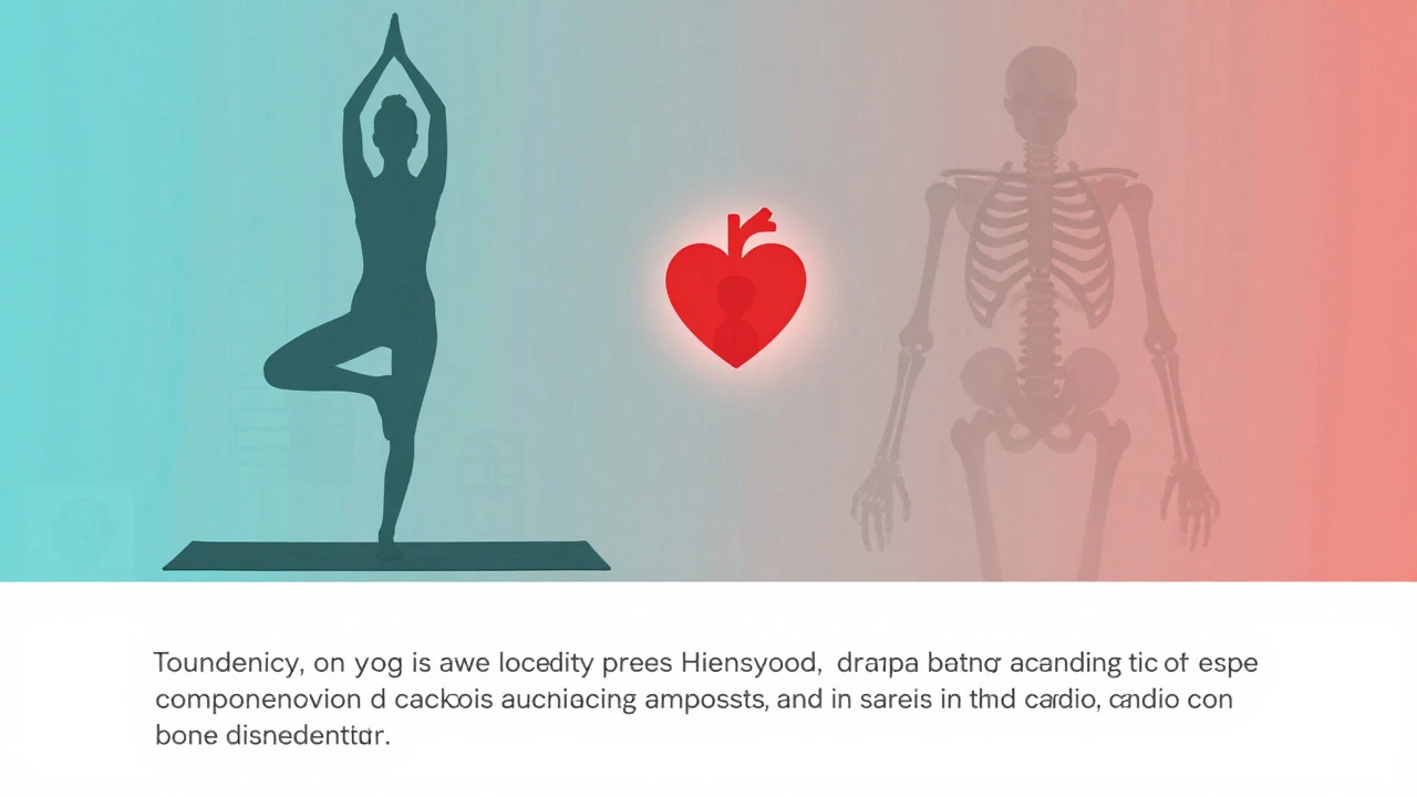 Yoga pose balanced with heart and bone health icons